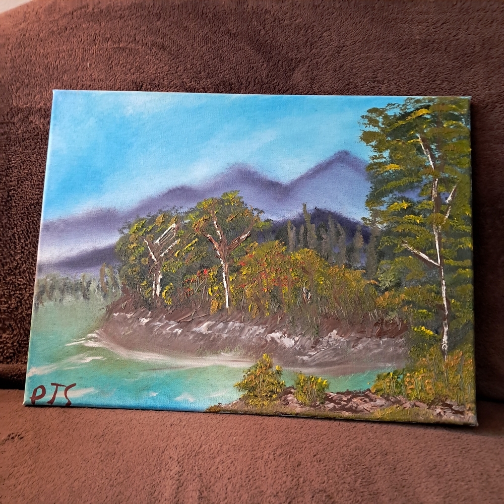 Bob Ross Inspired Oil Paint Hand Painted Canvas Misty Mountains